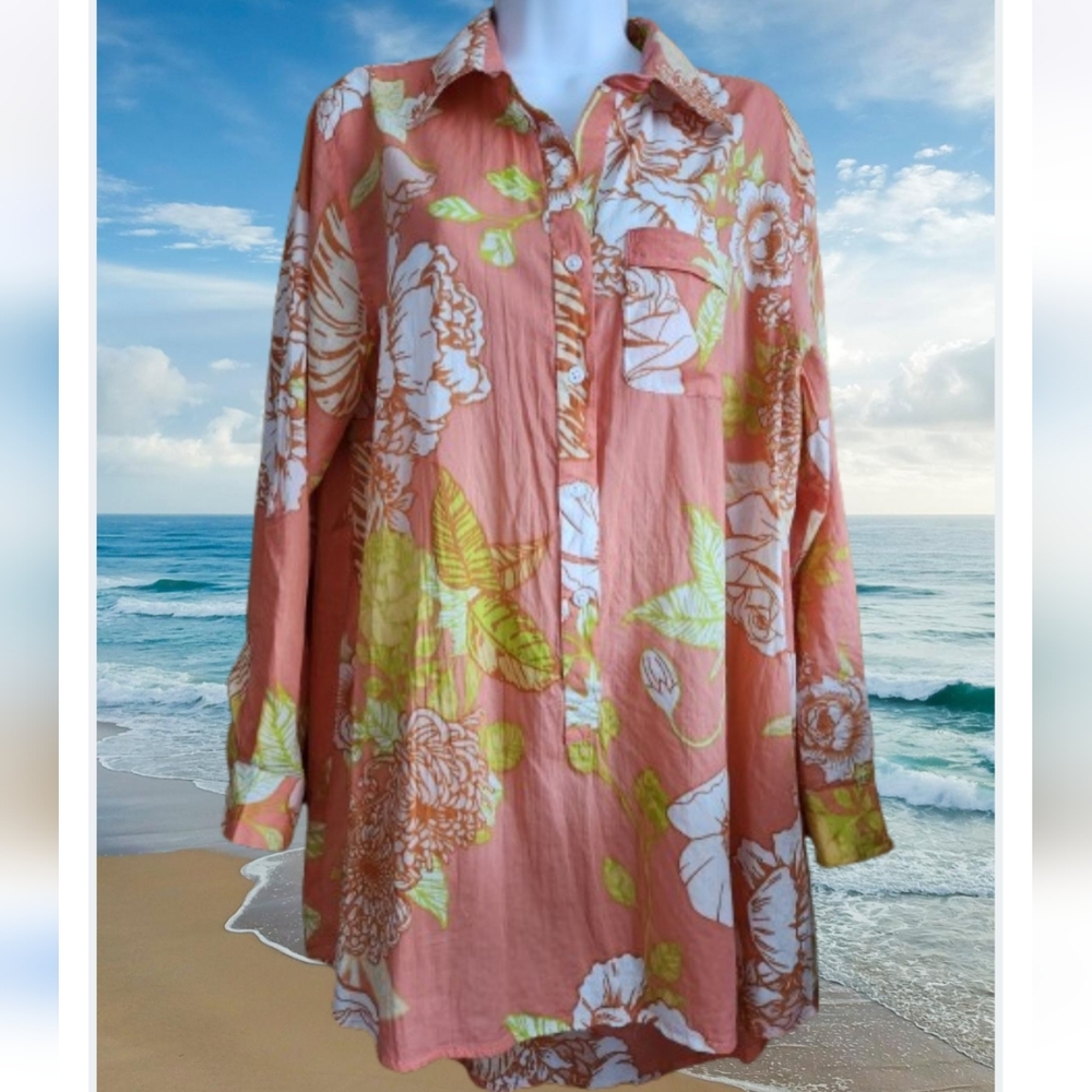 True Destinations Roll Tab Sleeve Tunic Cover-up Oversized Shirt Dress Cotton
